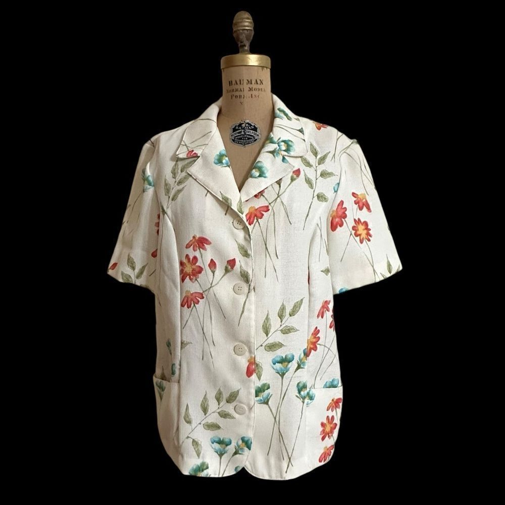 Vintage Alfred Dunner Short Sleeve Cream Floral Jacket